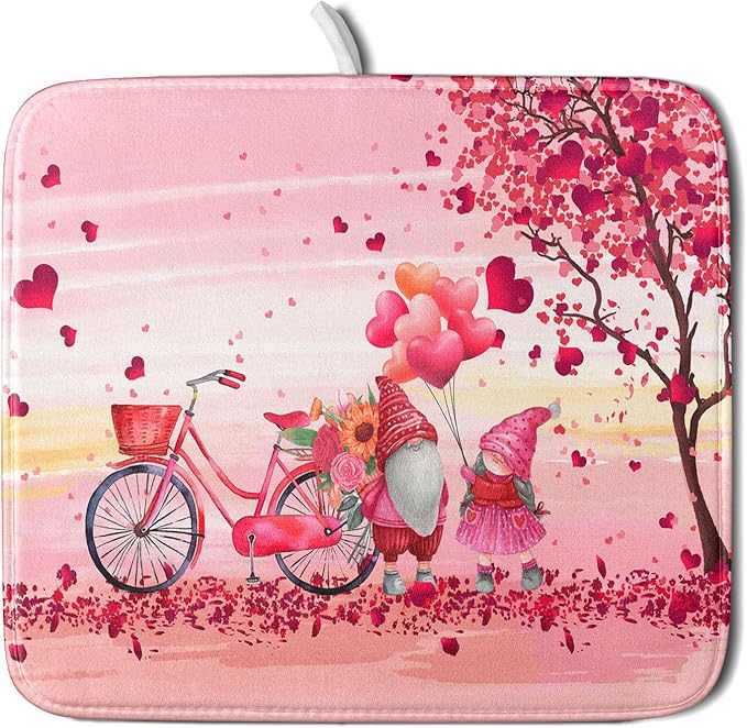 Pink Heart Valentine's Day Gnomes Dish Drying Mat for Kitchen Counter,Pink Bicycle Love Tree Drying Mat 16 x 18 Inch with Absorbent Reversible Microfiber Dish Drying Pad Dish Rack Pad for Coffee Bar