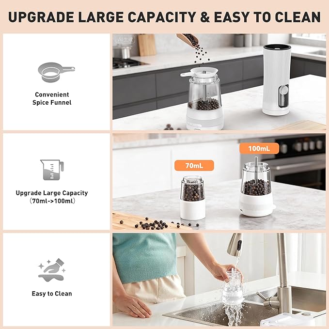 Electric Salt and Pepper Grinder Set, Upgrade 2-Speed Setting, External 5 Adjustable Coarseness, Rechargeable Automatic Salt & Pepper Shakers Mill with Battery Display, Storage Base & Led Light, White