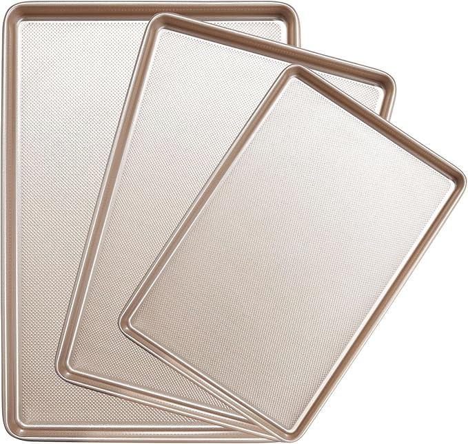 Baking Sheet Set of 3, Nonstick Heavy Duty Cookie Sheets for Oven - 13.6"×9.6"/15.5"×10.6"/17.5"×11.8" Warp-Resistant Carbon Steel Bakeware Trays, Champagne Gold, Dishwasher & Oven Safe