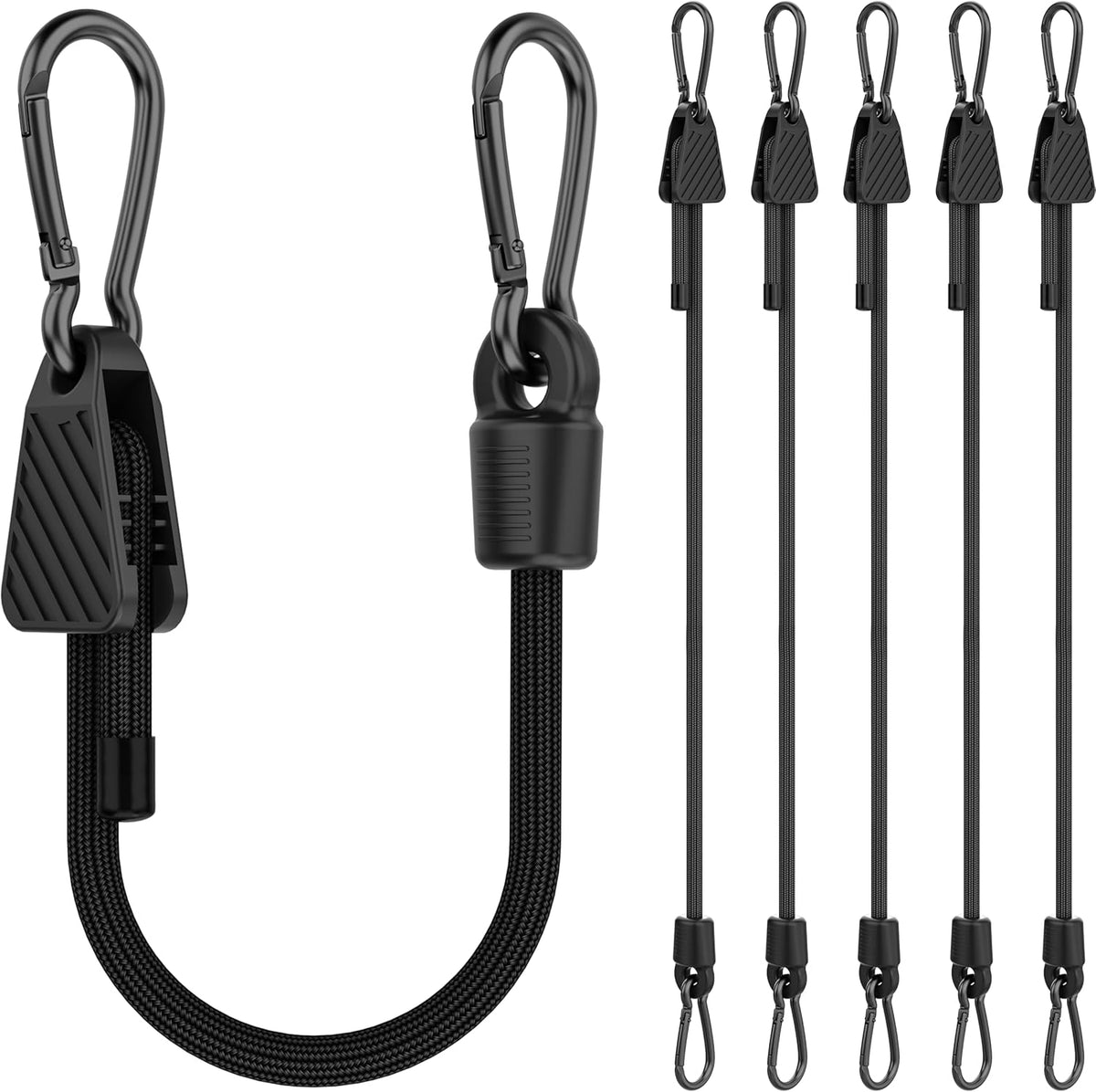 Adjustable Bungee Cords with Hooks, 6 Pack Heavy Duty Outdoor Carabiner Bungee Cord, Black Super Elastic Bungee Straps Easily Adjust from 7" to 12", Great for Cargo, Camping, Bike Racks, Tents