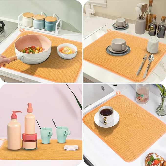 GeeRic Microfiber Dish Drying Mat, Super Absorbent Kitchen Dish Drying Pad for Mother's Day, Reversible Gift Mats for Countertop, 12*16 inch Yellow-Orange