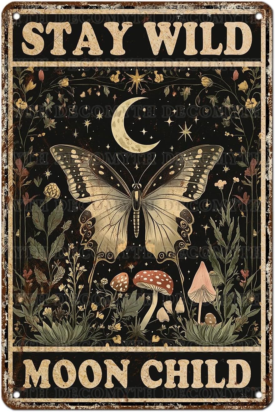 Vintage Tin Sign Butterfly Stay Wild Moon Tin Sign Retro Wall Decor for Home Office Room Wall Decor Poster 12 * 8inch