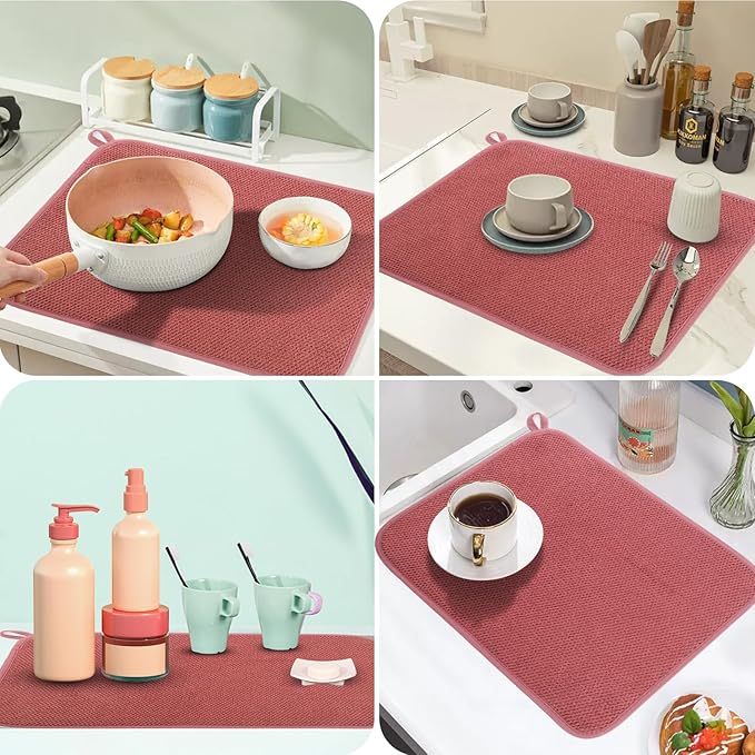 GeeRic Microfiber Dish Drying Mat, Super Absorbent Kitchen Dish Drying Pad, Reversible for Countertop, 15*20 inch Red