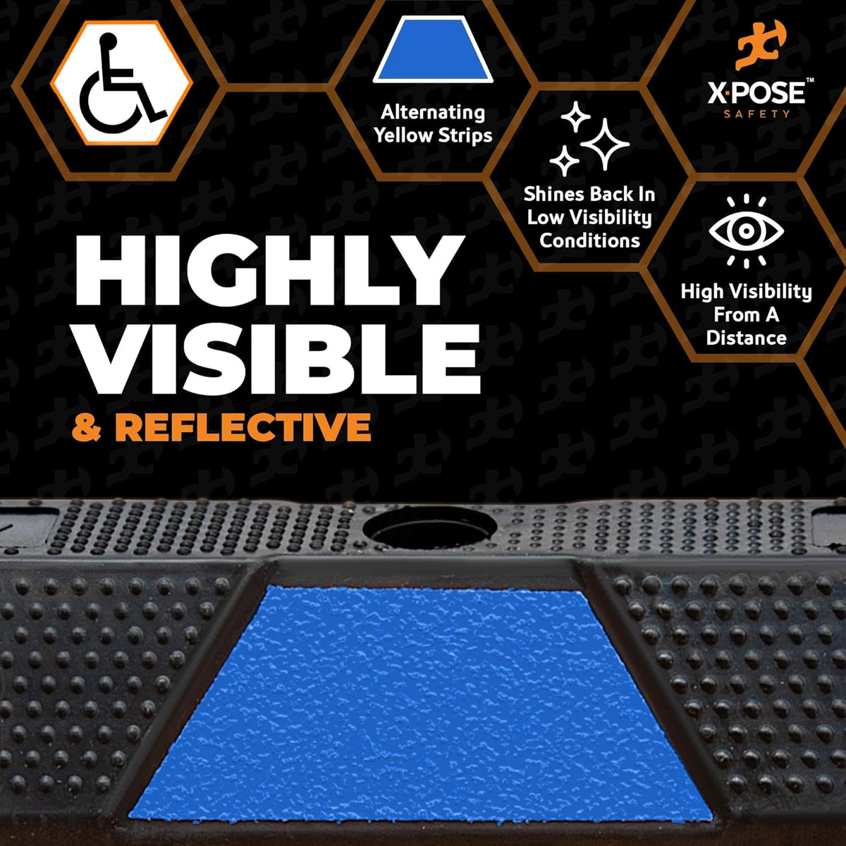 Xpose Safety 72" Heavy Duty Rubber Parking Stopper – 6 Pack Wheel Blocks for Garage, Driveway, or Ramp – Car Bumper Stop with Blue Reflective Strips – Removable Floor Mount
