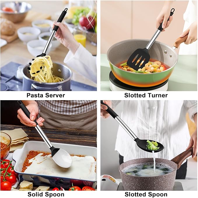 TeamFar Cooking Utensils Set, 5 PCS Silicone Kitchen Utensils with Stainless Steel Handle, for Nonstick Cookware Flipping Frying Turning Draining, Heatproof & Healthy, Nonstick & Easy Clean, Black