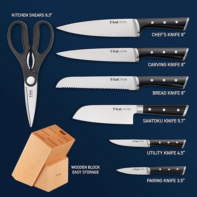 T-fal 20 piece set of Signature Nonstick Cookware with Ice Force German Stainless Steel Kitchen Knife Set and Wood Block