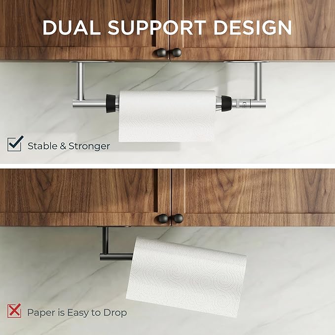 FORIOUS Paper Towel Holder Under Cabinet, One Hand Operable with Ratchet System for Easy Tear, Adhesive or Drill Wall Mount, SUS304 Commercial Paper Towel Holder for Kitchen Bathroom, Sliver