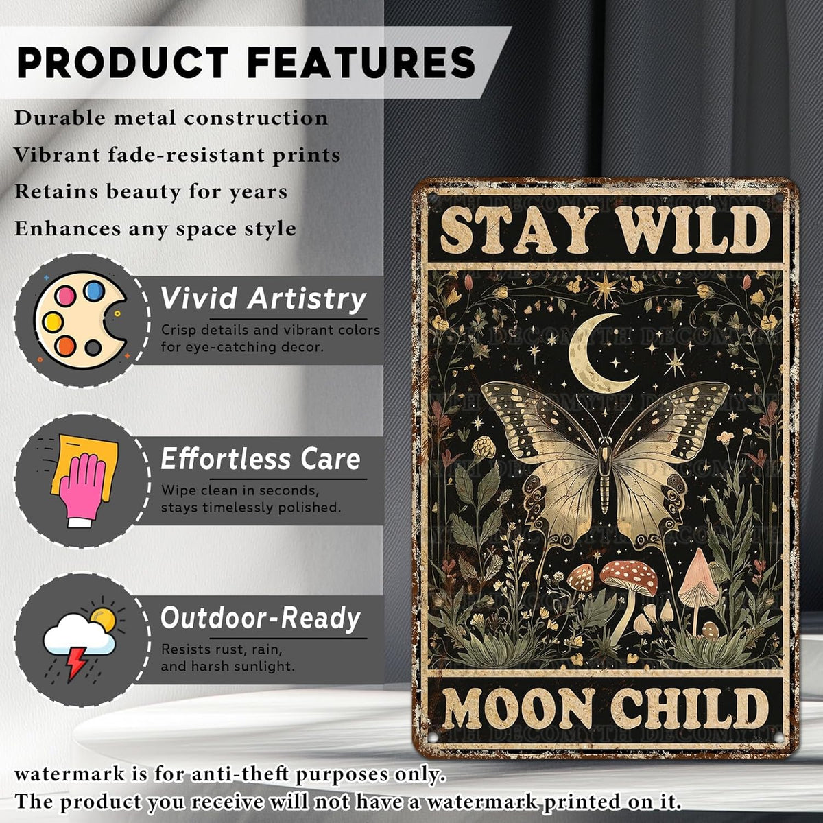 Vintage Tin Sign Butterfly Stay Wild Moon Tin Sign Retro Wall Decor for Home Office Room Wall Decor Poster 12 * 8inch
