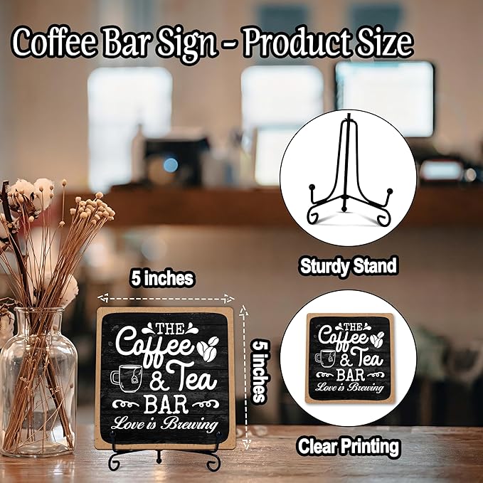 Coffee Bar Sign, Love is Brewing Farmhouse Tabletop Decor, Coffee and Tea Lover Gifts, 5x5 Wood Plaque with Iron Stand for Home Kitchen Cafe, Coffee Bar Decor – L04