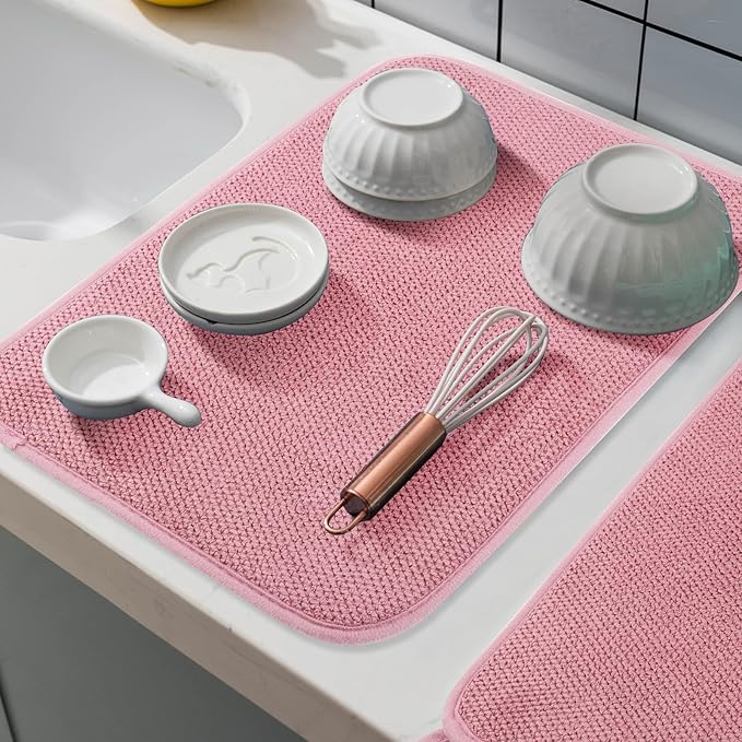 GeeRic Microfiber Dish Drying Mat, Super Absorbent Kitchen Dish Drying Pad for Mother's Day, Reversible Gift Mats for Countertop, 15 * 20 inch Pink