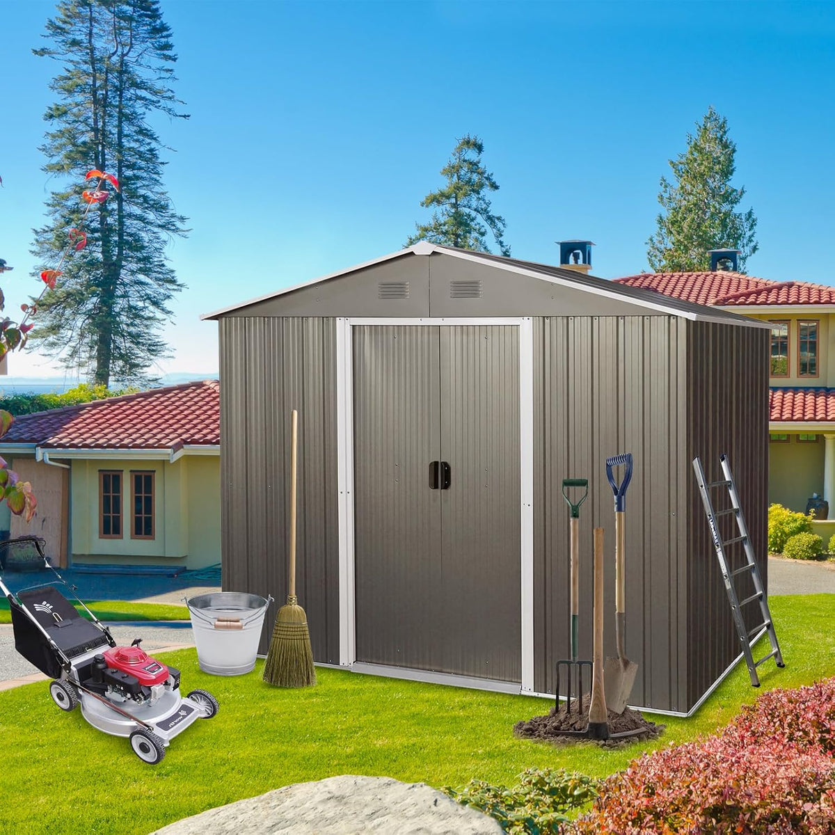 6x8 FT Outdoor Storage Shed, Metal Garden Shed with Frame Floor, Outside Tool Shed with Lockable Sliding Doors, Waterproof Storage Building with Sloped Roof for Backyard, Patio, Lawn, Gray