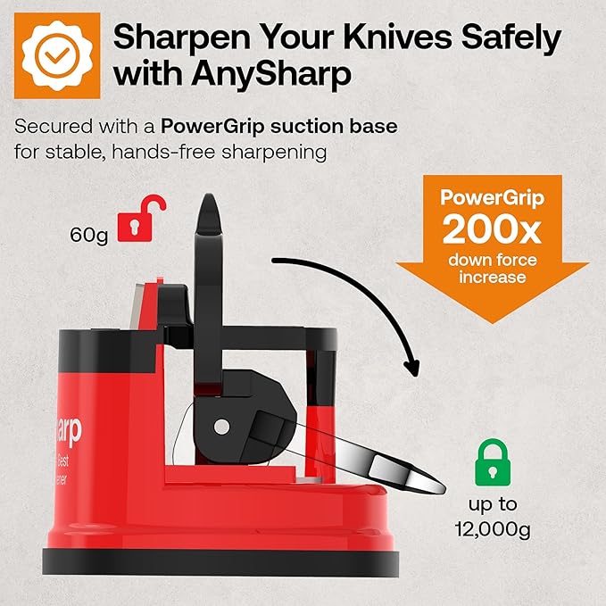 AnySharp – Global – Hands Free Knife Sharpener - Easy to Use Sharpening Tool with PowerGrip Suction Base and 20-Degree Pre-Set Angle - for All Knives: Chef's, Serrated, and Hardened Steel - Red