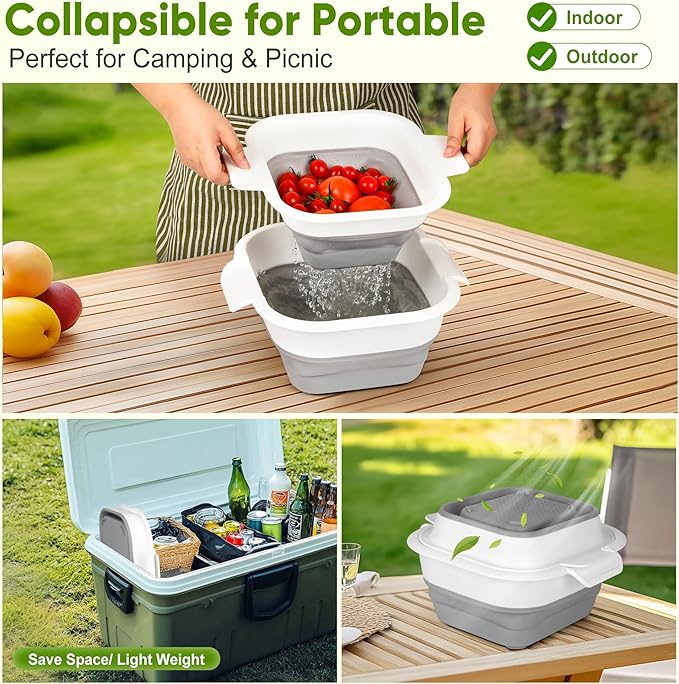 ROTTOGOON Collapsible Colander Set with Strainer Bowl, 2 in 1 Fruit Washing Basket with Strainer, 5 + 3 QT Plastic Colanders for Kitchen, Foldable Double Layered Colanders Bowl for Vegetable, Grey