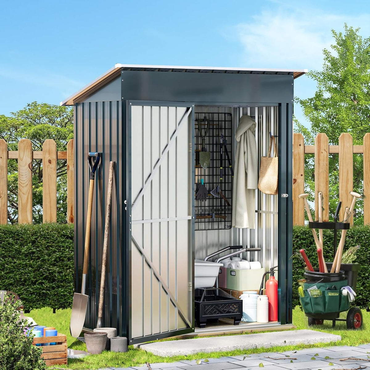 Breezz 5x3FT Vertical Outdoor Steel Storage Shed with Floor Frame, Lockable Doors, Compact Metal Tool Shed for Garden, Backyard, Patio, Utility, and Bike Storage