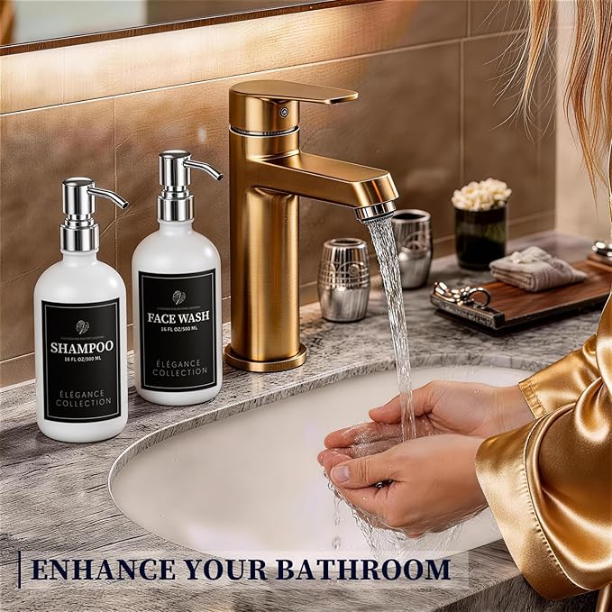 White Glass Soap Dispenser Set of 2, 16oz Hand and Dish Soap Dispenser for Kitchen & Bathroom, Silver Stainless Steel Pump, Non-Slip Base, 14 Waterproof Labels, Minimalist Decor
