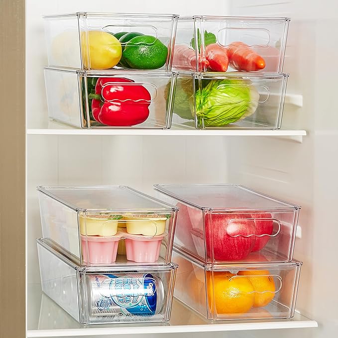 Vtopmart 4pcs Clear Organizers and Storage Bins with Lids, Stackable Plastic Storage Containers with Handles for Fridge, Freezer, Pantry, Cabinet, Kitchen Organization