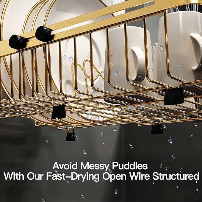 MAJALiS Dish Drying Rack Over The Sink, Expandable Stainless Steel Dish Drainer for Small Kitchen Counter Space Saving, RV Compact Plate Strainer in Gold Metal with Hanging Adjustable Utensil Holder