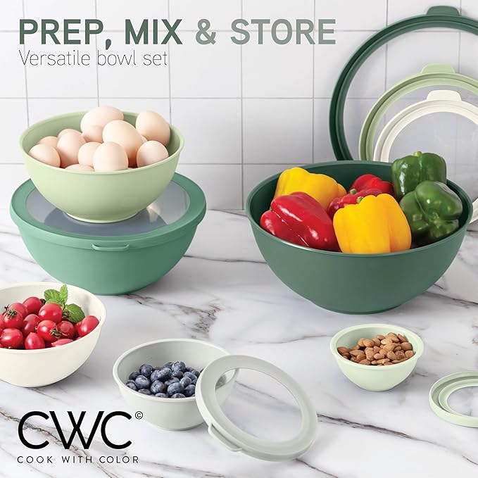 COOK WITH COLOR Mixing Bowls with TPR Lids - 12 Piece Plastic Nesting Bowls Set includes 6 Prep Bowls and 6 Lids - Microwave Safe (Sage)