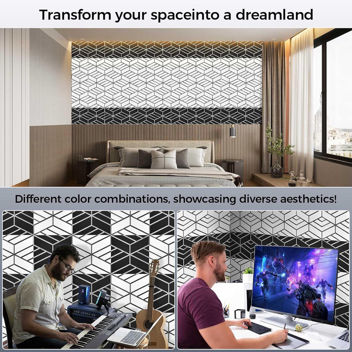 12 Pack 2-Layer Soundproof Wall Panels, 12 x 12 x 0.43 in Sound Proof Foam Panels for Walls, 1.1lb/ft* High Density, Thicker 0.43 in, 3D Acoustic Panels,Artistic Noise Dampening Panels Black&White