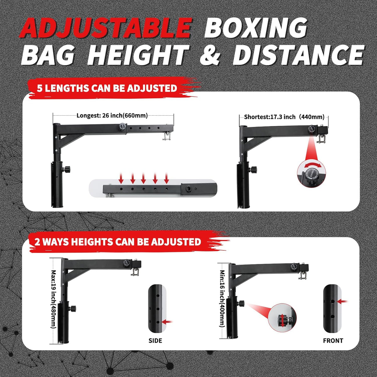 Heavy Bag Hanger Wall Mount Punching Boxing Bag Bracket -Square Tube, Heavy Duty Adjustable Length & Height for Boxing, Taekwondo, Muay Thai Bags, for Home Gym Installation