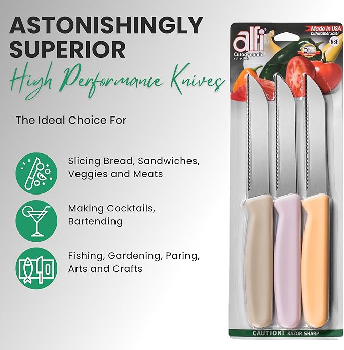 Alfi All-Purpose Knives Aerospace Precision Pointed Tip - Home And Kitchen Supplies - Serrated Steak Knives Set | Made in USA (Classic White)