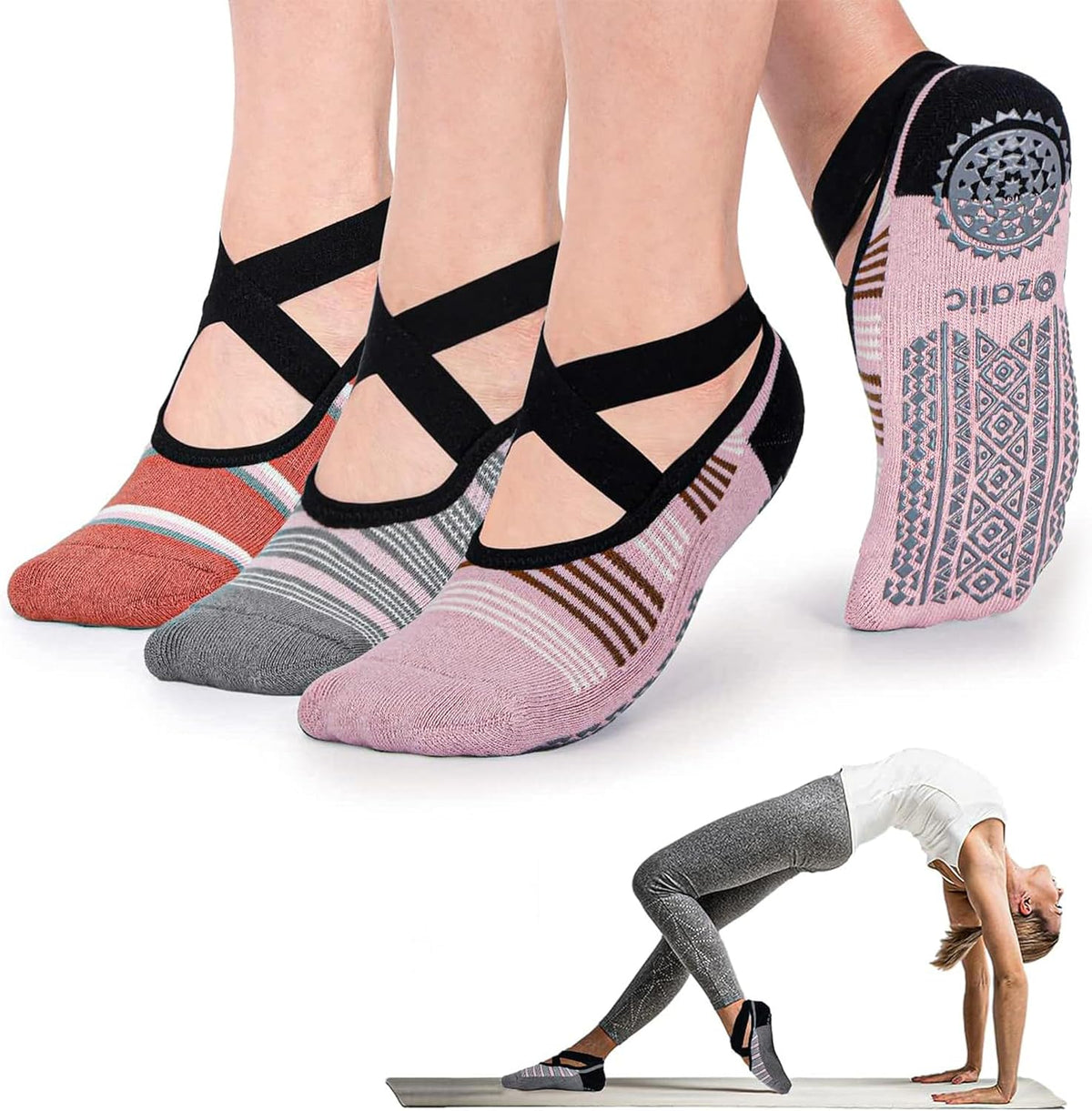 Ozaiic Yoga Socks for Women Non-Slip Grips & Straps, Ideal for Pilates, Pure Barre, Ballet, Dance, Barefoot Workout