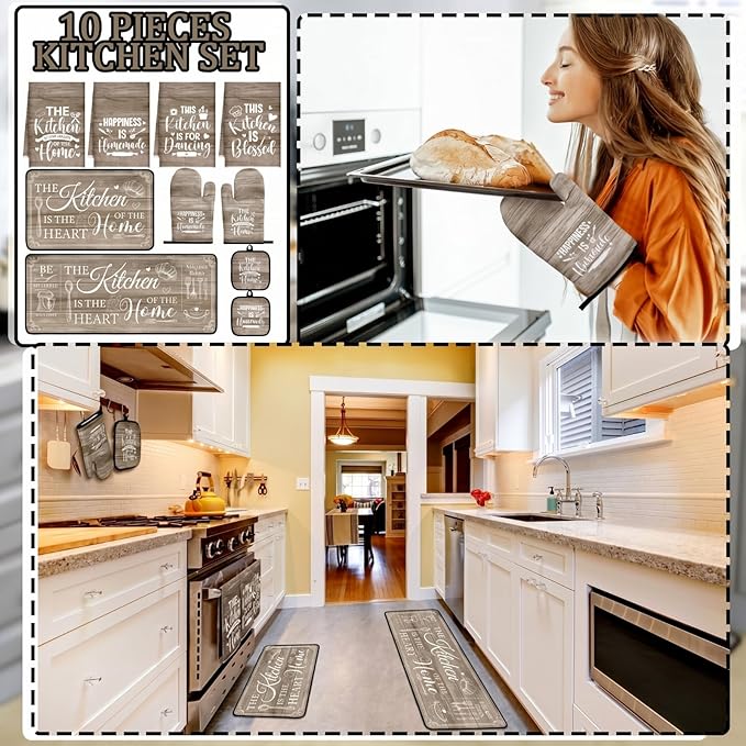 Fourluoo 10 Pcs Farmhouse Kitchen Decor and Accessories Set 4 Kitchen Towels 2 Pot Holders 2 Oven Mitts 2 Rugs for Cooking Baking Mom Housewarming Gifts(Brown,Classic Style)