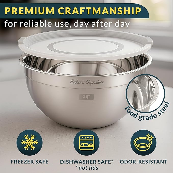Baker's Signature Stainless Steel Mixing Bowls With Lid, Metal Mixing Bowl Set Of 5, Nesting Set For Food Prep, Baking,Storage, Cooking, Serving | Dishwasher Safe, 0.5/1.5/3/4/5 Qt