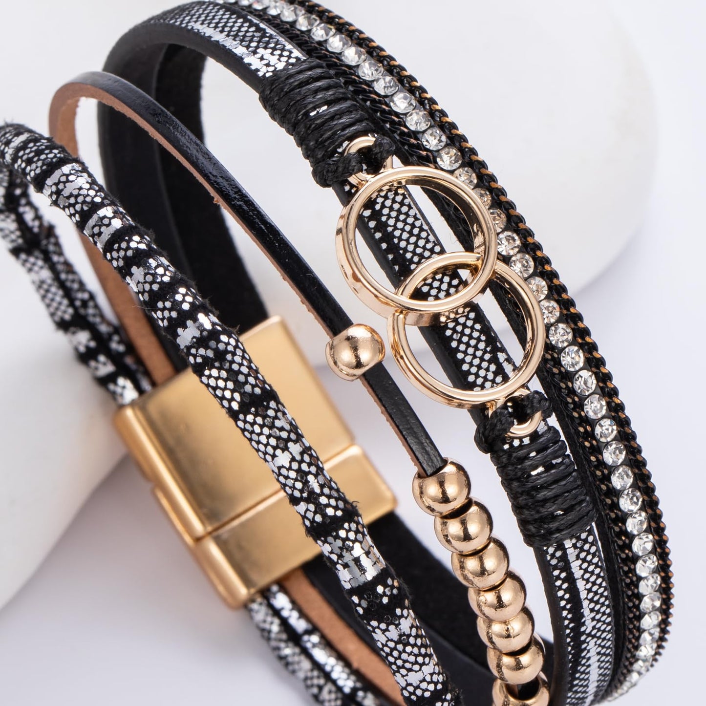 FANCY SHINY Boho Leather Wrap Bracelet Stackable Beaded Infinity Chunky Cuff Bracelets with Magnetic Clasp Western Hippie Outfits Jewelry Gifts for Women(Black)