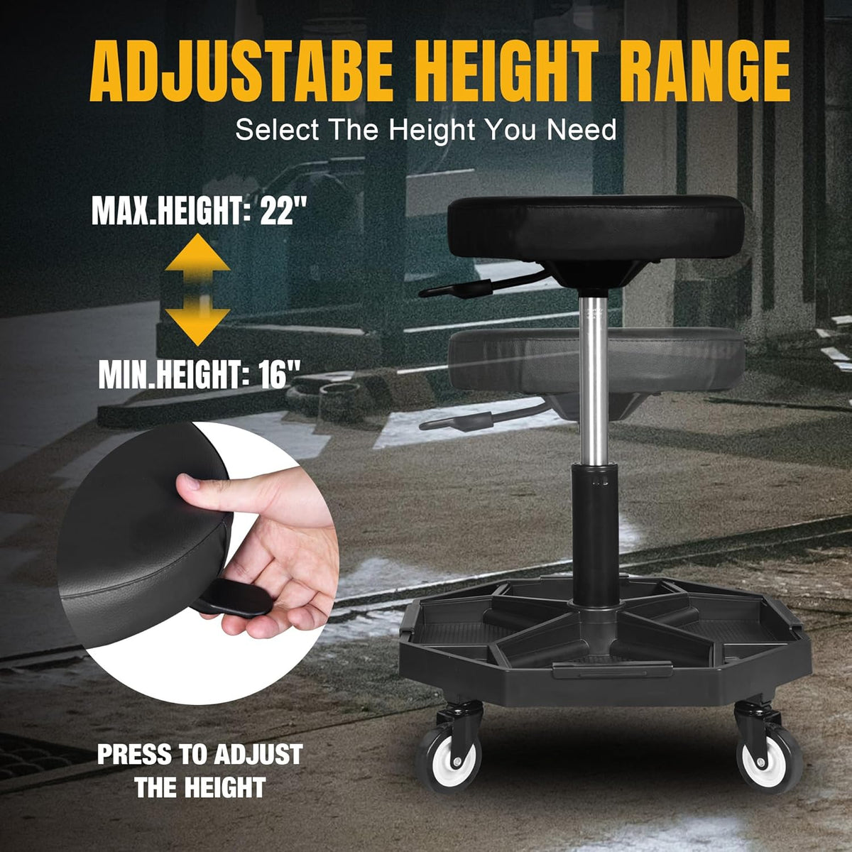 YELLOW JACKET Rolling Garage Seat with Wheels Adjustable Height Pneumatic Mechanic Stool 300Lbs Heavy Duty Shop Creeper Seat with 4 Removable Storage Tool Tray Workshop Chair for Auto Repair