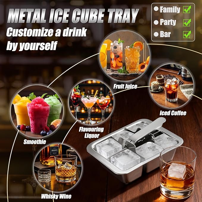 Ice Cube Trays, 3 Pack Large 6-cube Stainless Steel Ice Cube Trays with Easy Release Levers – Portable Reusable Metal Ice Maker for Family Bar - Send Goods From Local Warehouse