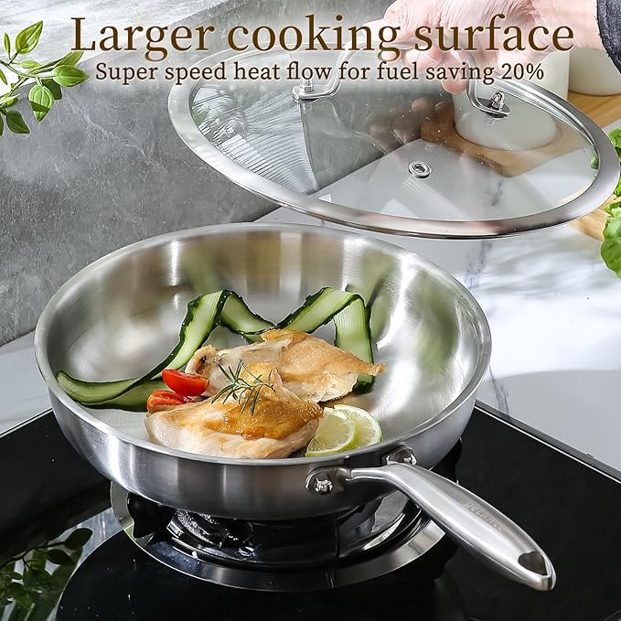DELARLO Tri-Ply Stainless Steel Pan, 18/10 Frying Pan, Oven Safe Up to 600°F, Nontoxic Cookware, Compatible with All Cooktops Skillet, Durable, Fast Even Heat Fry Pan,10+12 inch Pan