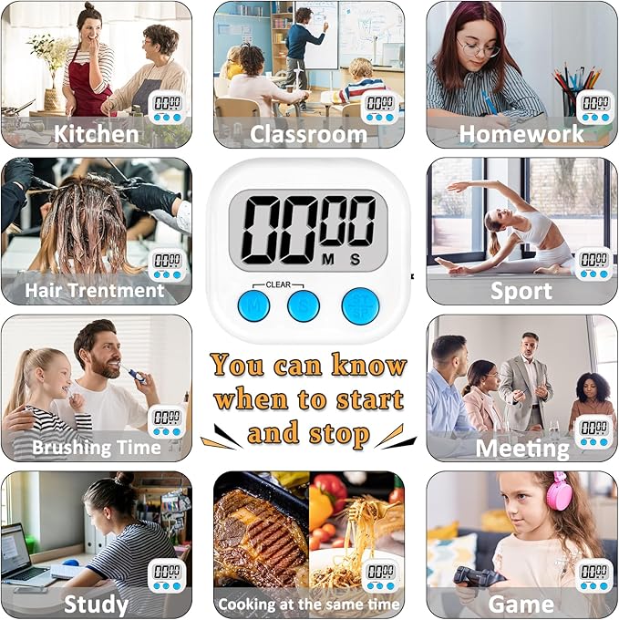 ZILLEEN 6 Pack Kitchen Timers for Cooking Digital Classroom Timers for Kids Teachers White Blue Pink