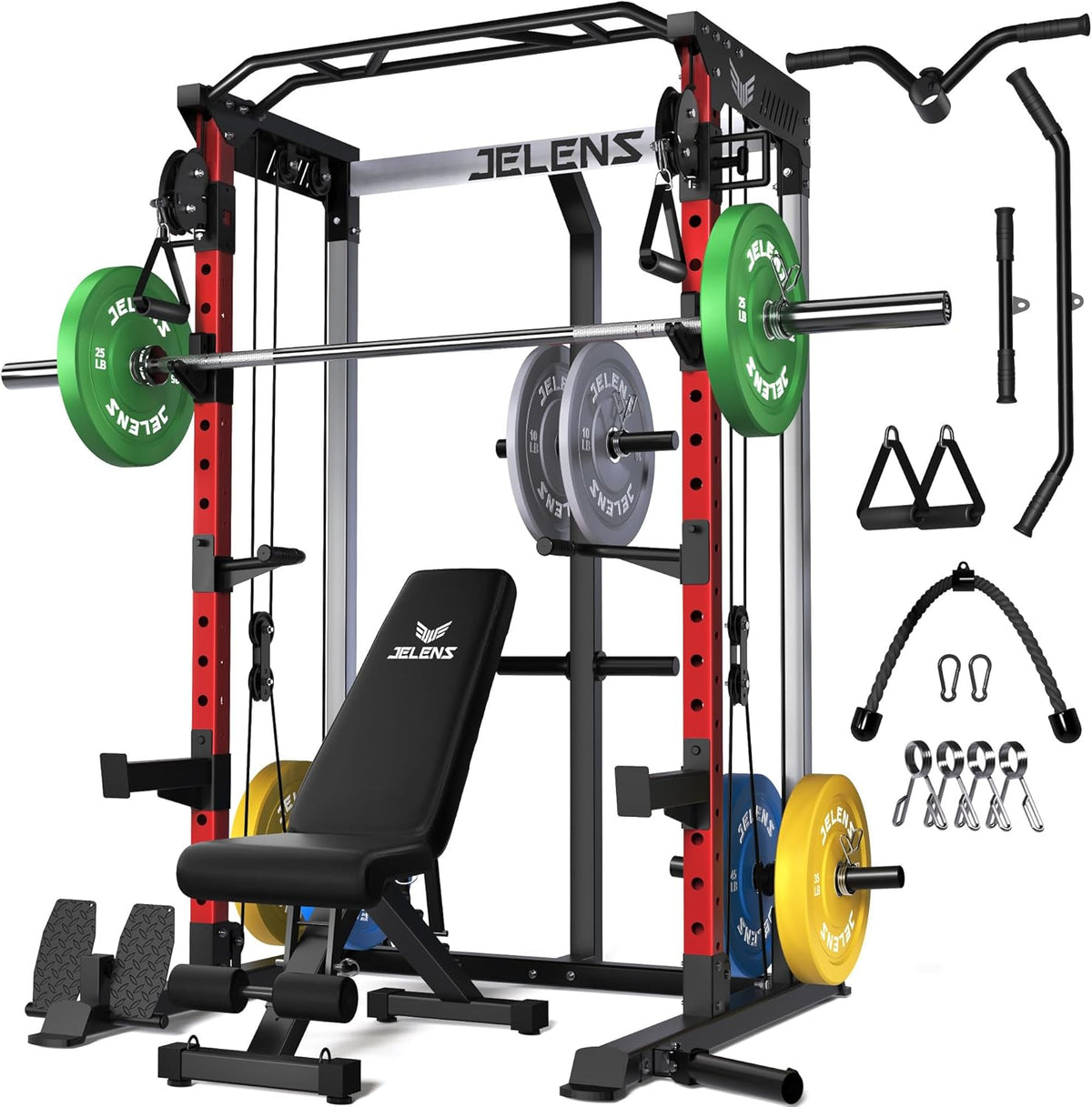 Power Cage, 2000LBS Multi-Function C21 Power Rack with Dual Pulley Cable Crossover System, All-in-One Squat Rack with More Training Attachments
