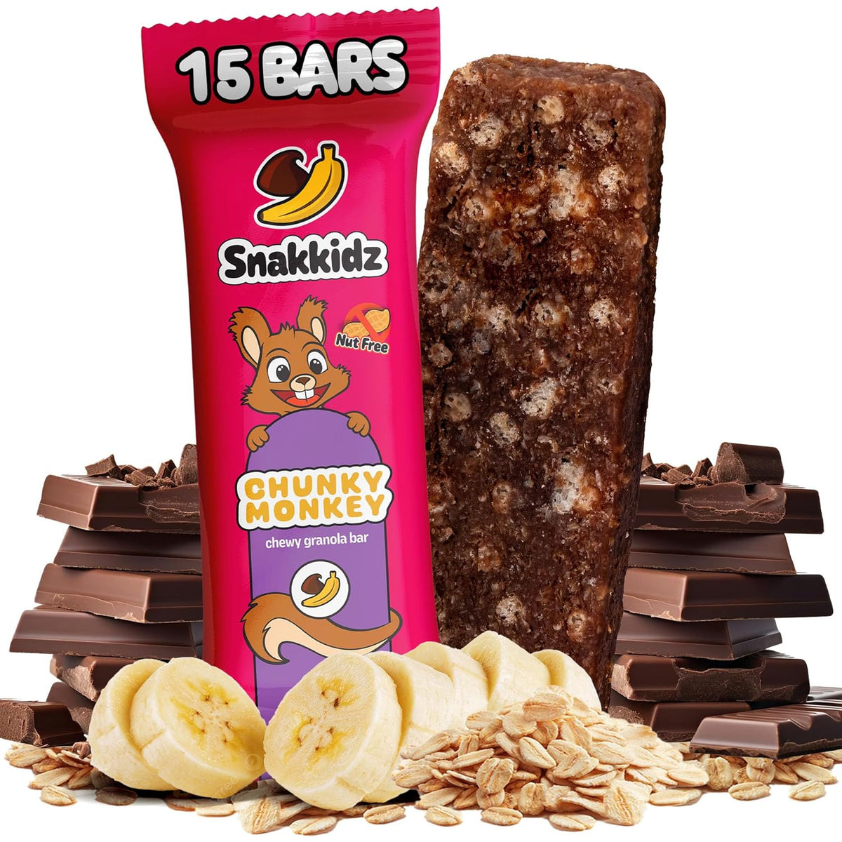 Snakkidz Organic Chewy Granola Bar, Allergen Free, Made with Avocado Oil, Low Sugar (15 Bars, Chunky Monkey)
