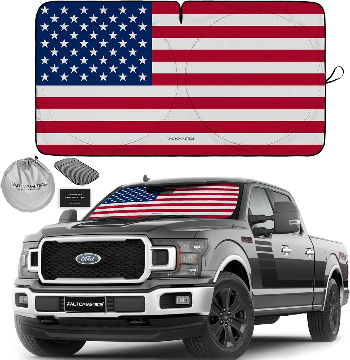 Autoamerics Truck Windshield Sun Shade with Storage Pouch & Anti-Slip Dash Pad - Foldable Original USA Flag Design - Fits Most SUVs & Trucks - Blocks UV Rays, Keeps Vehicle Cool | X-Large (66 x 36 in)