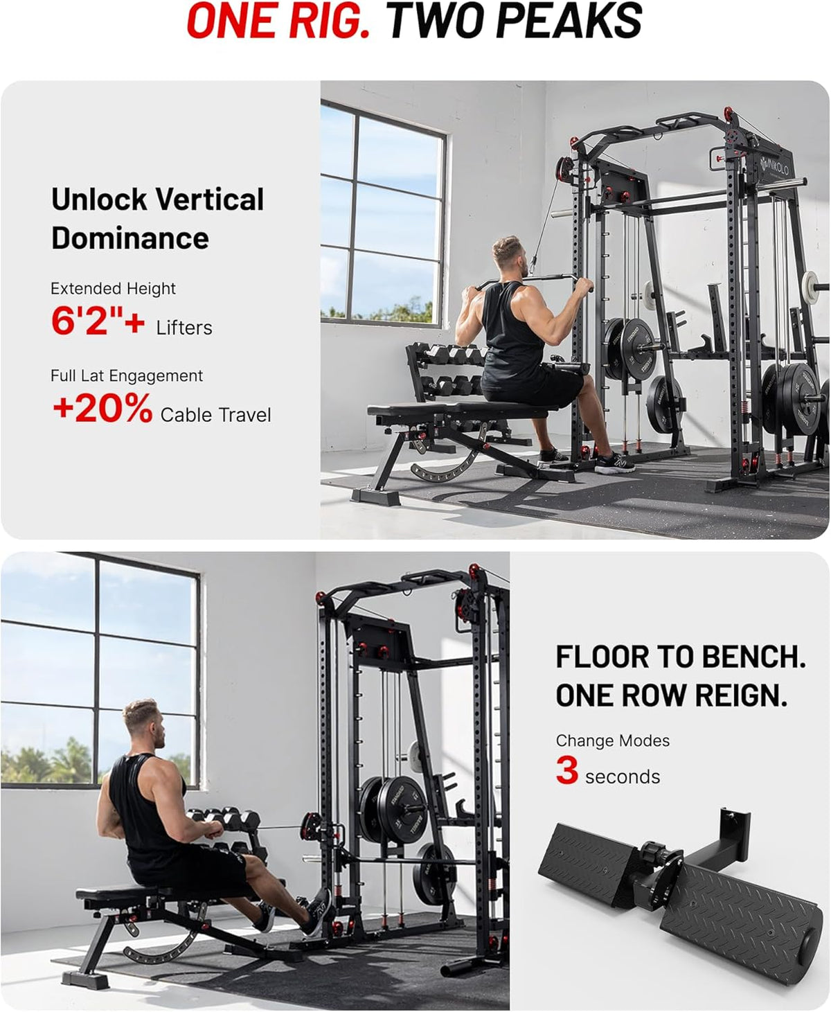 Mikolo Smith Machine, 2200lbs Squat Rack with LAT-Pull Down System & Cable Crossover Machine, Training Equipment with Leg Hold-Down Attachment