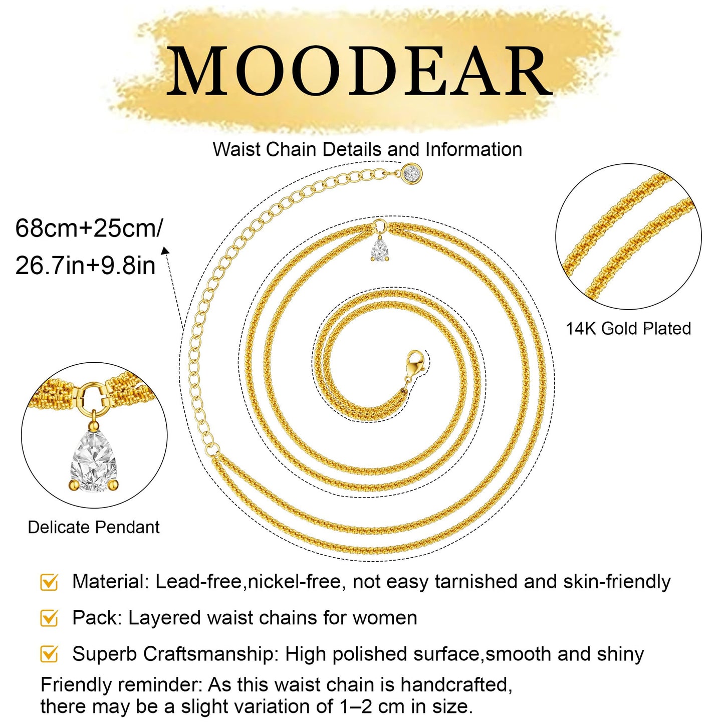 MOODEAR 14K Gold Plated Waist Chain for Women - Layered Non Tarnish Belly Chains Drop Cubic Zirconia Body Chain Waterproof Jewelry Sexy Bikini Belt Gift for Summer Beach