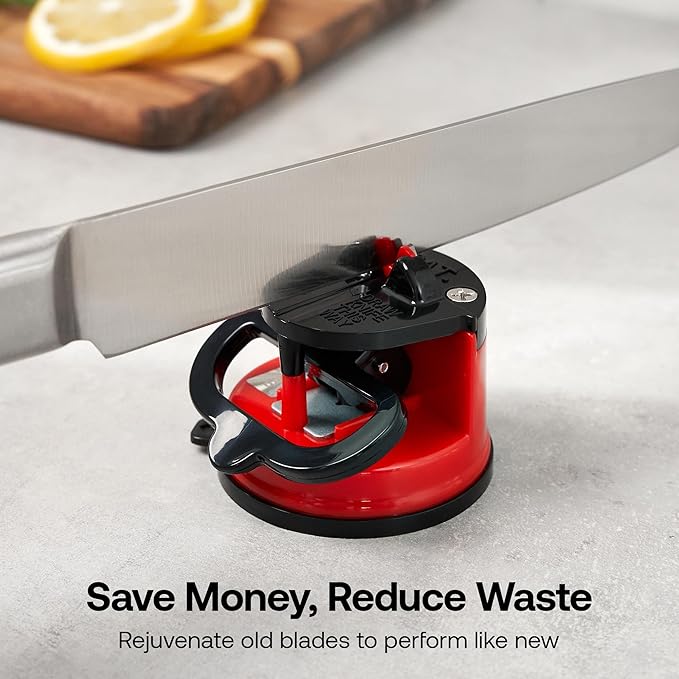 AnySharp – Global – Hands Free Knife Sharpener - Easy to Use Sharpening Tool with PowerGrip Suction Base and 20-Degree Pre-Set Angle - for All Knives: Chef's, Serrated, and Hardened Steel - Red