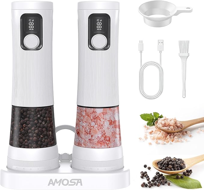Electric Salt and Pepper Grinder Set, Upgrade 2-Speed Setting, External 5 Adjustable Coarseness, Rechargeable Automatic Salt & Pepper Shakers Mill with Battery Display, Storage Base & Led Light, White