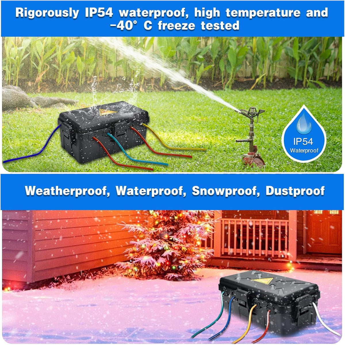 Hrensaw Medium Outdoor Electrical Box(10.6x5.5x4.5inch),Weatherproof Connection Box w/6 Cable Entry,IP54 Waterproof Extension Cord Cover Protect Power Strip,Timer,Plug,Holiday Lights,Black
