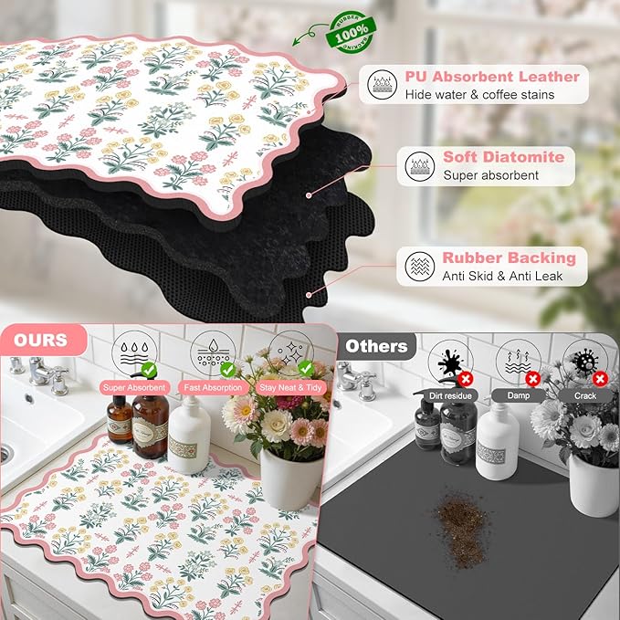 LOKHOM Scalloped Floral Dish Drying Mat, 17"x32" Super Absorbent Coffee Mat with Unique Pink Pastoral Floral, Cuttable Hide Stain Non-slip Drying Mat for Kitchen Counter Coffee Maker Espresso Machine