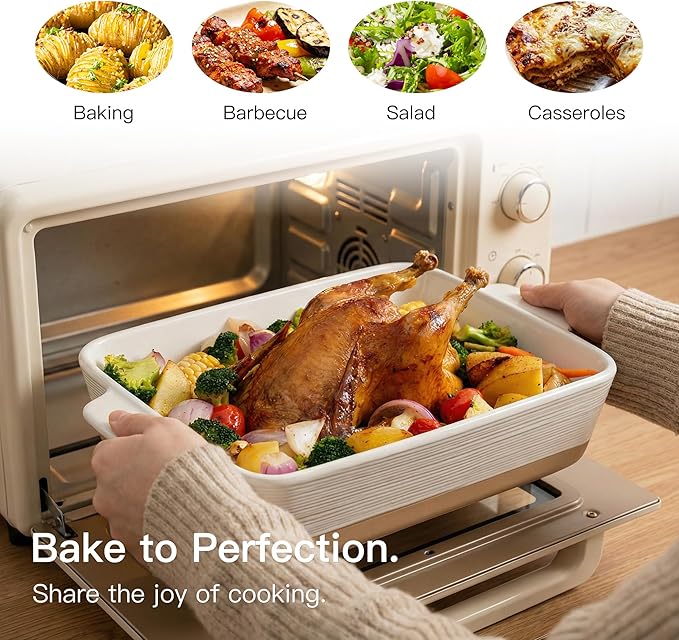 Dafuceramic Casserole Dish for Oven, 4.2 QT Baking Dish, 9x13 Large Porcelain Baking Pan, Durable Rectangular Lasagna Pan Deep with Handles, Microwave Oven Safe, Home Decor, Wedding Gift (Khaki & White)