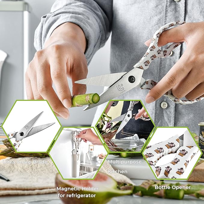 Linoroso Kitchen Scissors Heavy Duty Kitchen Shears with Magnetic Holder Made with Japanese Steel 4034, Multipurpose Ultra Sharp Cooking Scissors for Meat/Vegetables/BBQ/Herbs/Pizza (Graphic,Cow)
