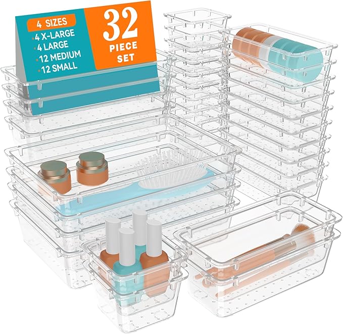 WOWBOX 32 PCS Clear Plastic Drawer Organizer Set, 4 Sizes Desk Drawer Organization and Storage Containers for Makeup, Cosmetics, Jewelry and Gadgets in Kitchen, Bathroom, Bedroom, Office, Clear