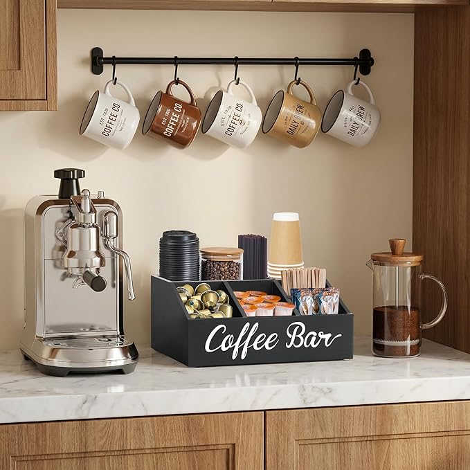 Coffee Station Organizer for Countertop, Wood Coffee Bar Organizer for Farmhouse Coffee Bar Decor, Tea Condiment Storage Organizer, Coffee Pod Holder and Coffee Bar Accessories