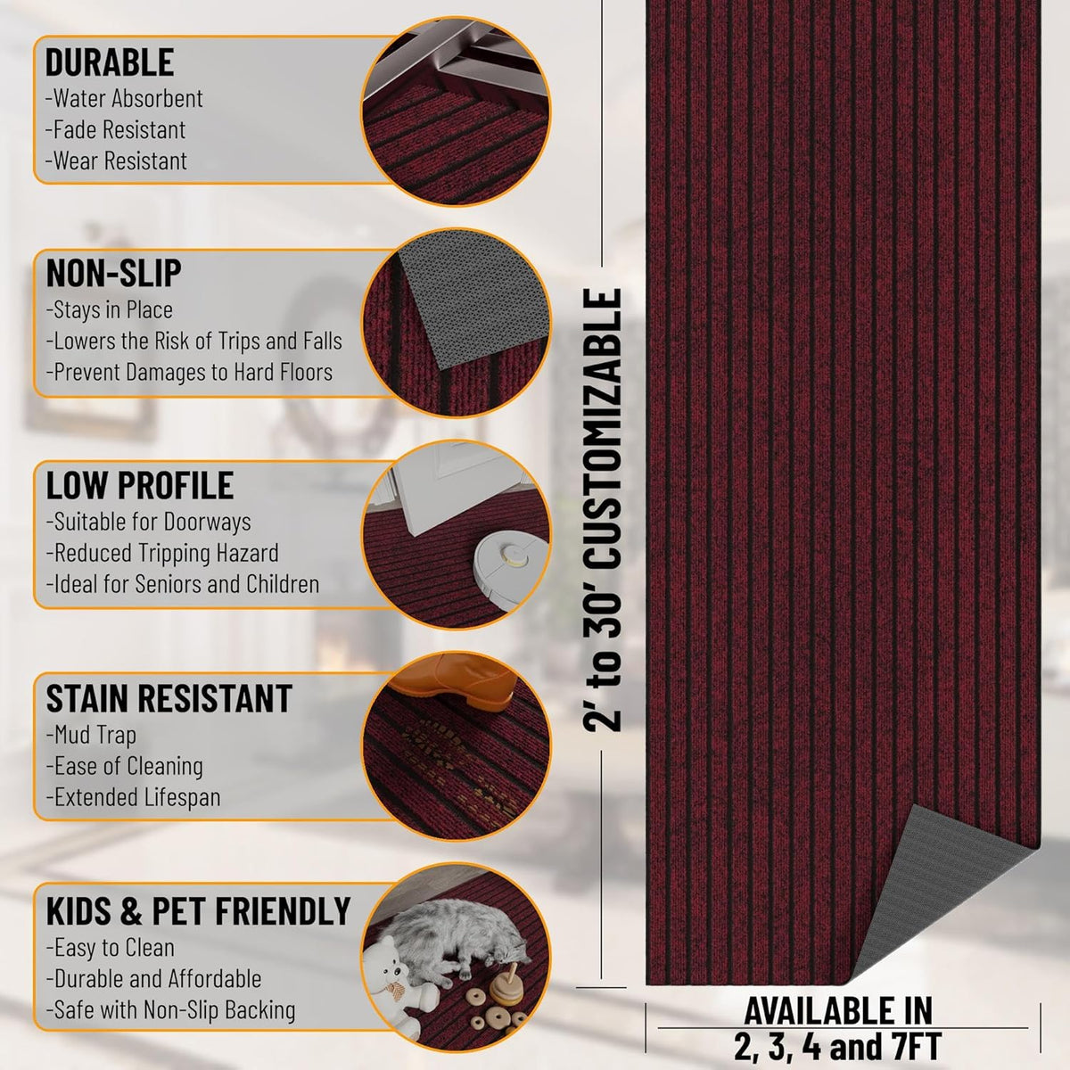 Ottomanson 2'7" x 14' Hallway Runner with Scraper Pile Extra Durable Non-Slip Rug Mat for Indoor & Outdoor Use - Ideal for Kitchen, Entryway, Patio & Garage - High-Traffic Carpet, Red