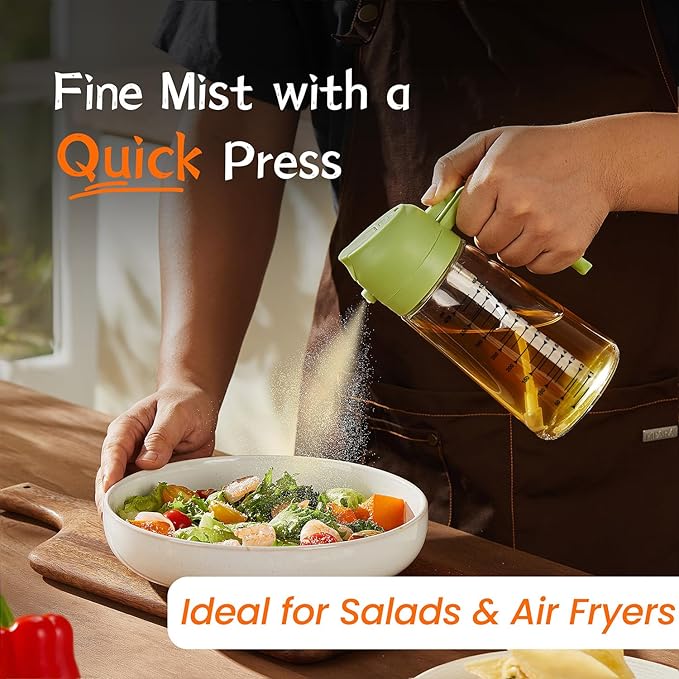 TrendPlain 16oz/470ml Glass Olive Oil Sprayer for Cooking – 2 in 1 Olive Oil Dispenser Bottle for Kitchen Gadgets and Air Fryer Accessories, Salad, BBQ - Green