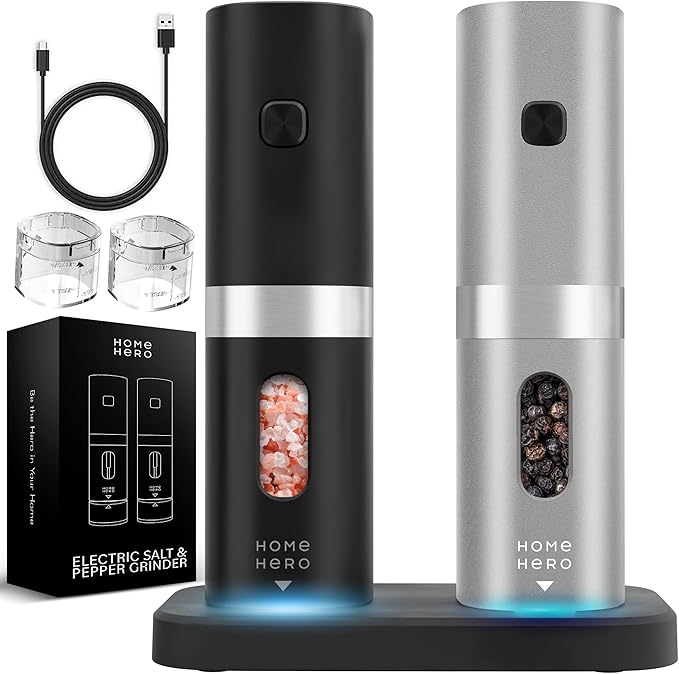 Home Hero Electric Salt and Pepper Grinder Set - Automatic Salt and Pepper Grinder Set Rechargeable. Electronic Salt and Pepper Shakers with LED Light, Electric Pepper & Salt Grinder, Set of 2