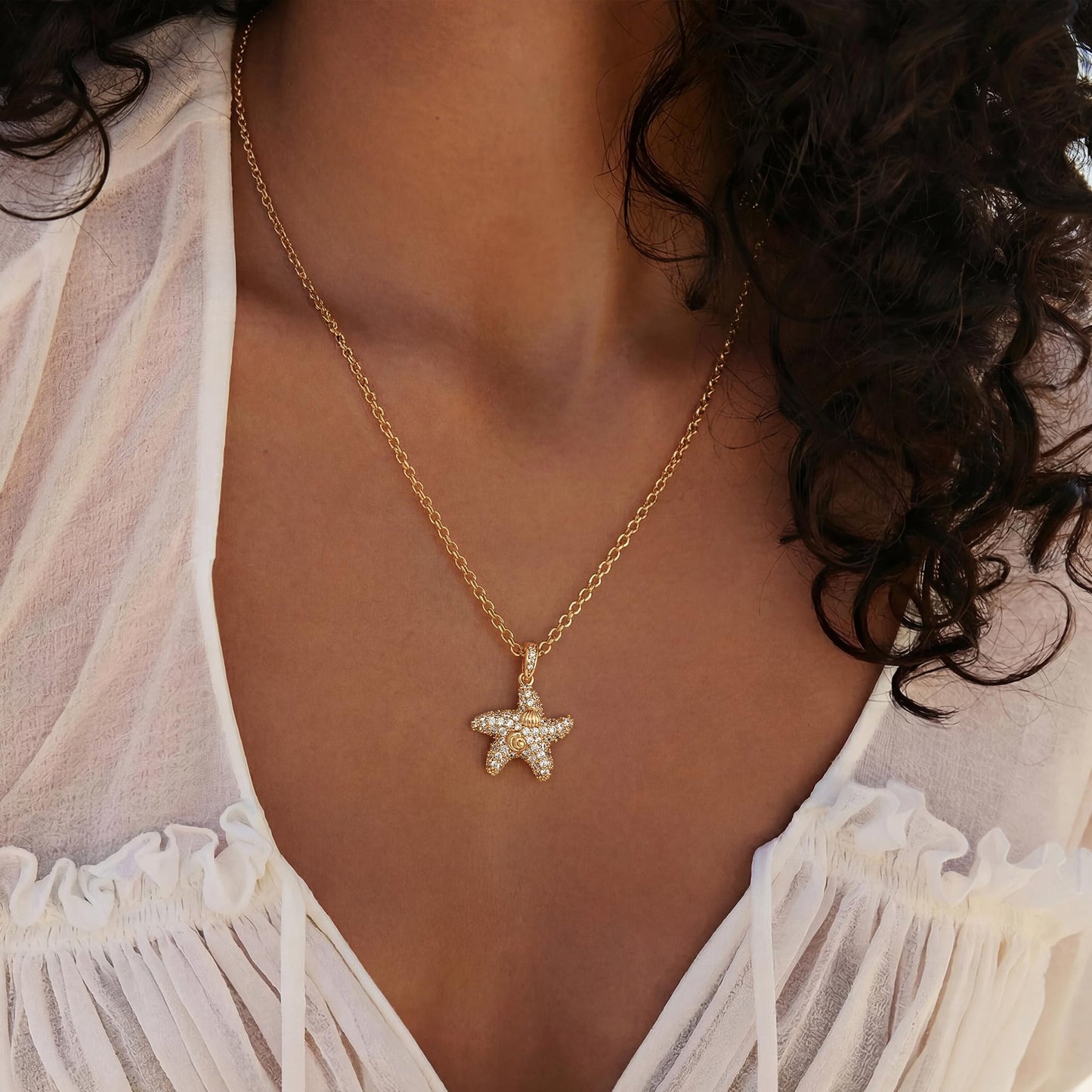 MTMY Gold Starfish Necklace 14K Gold Plated Shell Conch Ocean Pendant Necklace for Women Beach Summer Jewelry (cz wave starfish)